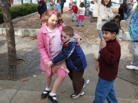 Nathaniel Orellana dances with a friend during recess at Haggerty School. "He has grown so much socially -- its like a volcano!" said his mother, Marlene Orellana.   Dan Habib photo